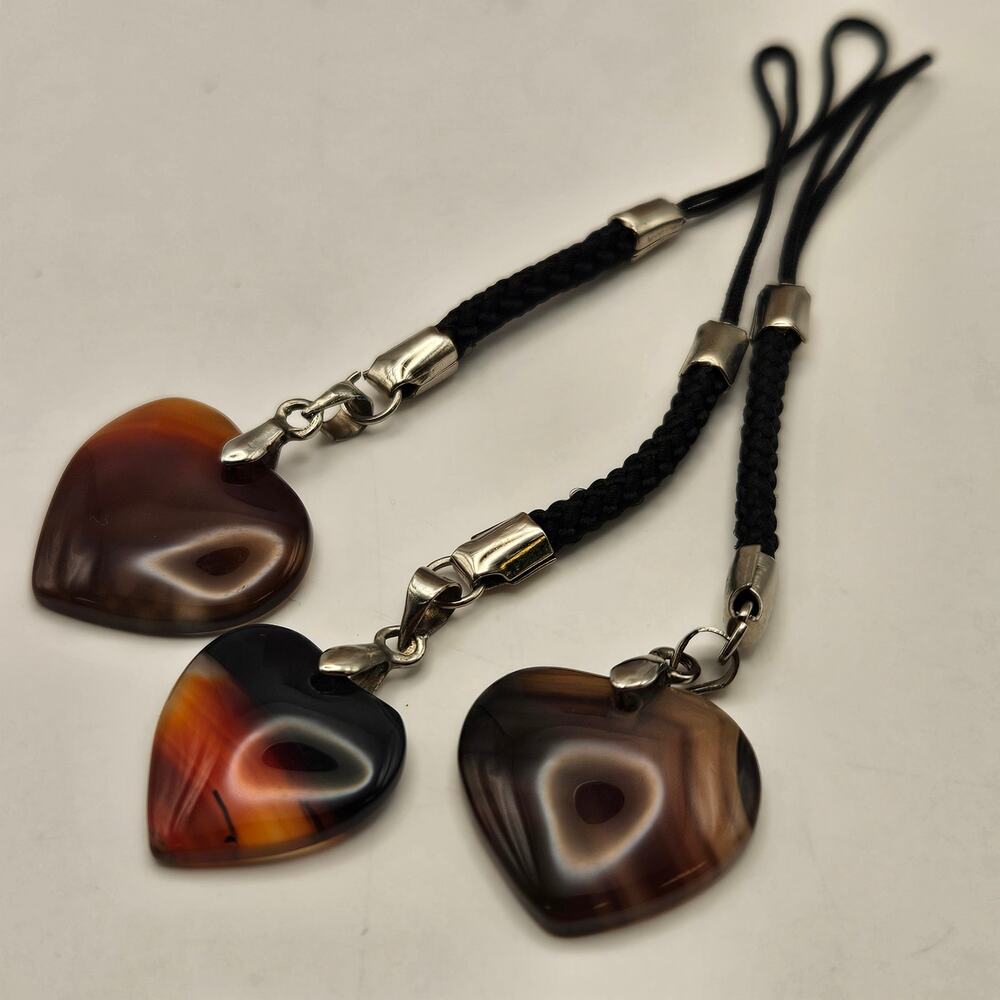 LOT OF 3 BANDED AGATE HEART PENDANT CHARMS BROWN GOOD FOR KEYCHAINS